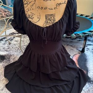 Inspired Hearts Black Tiered Mini Dress with Puff Sleeves and Scoop Neck